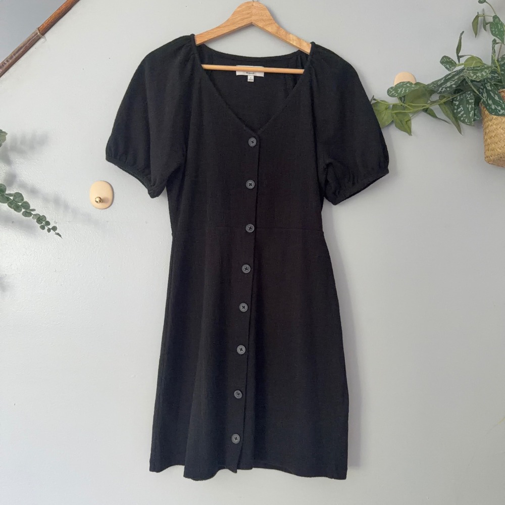 Madewell Texture Thread Dress Black Minimal Button Front Puff Sleeve Mini Sz S